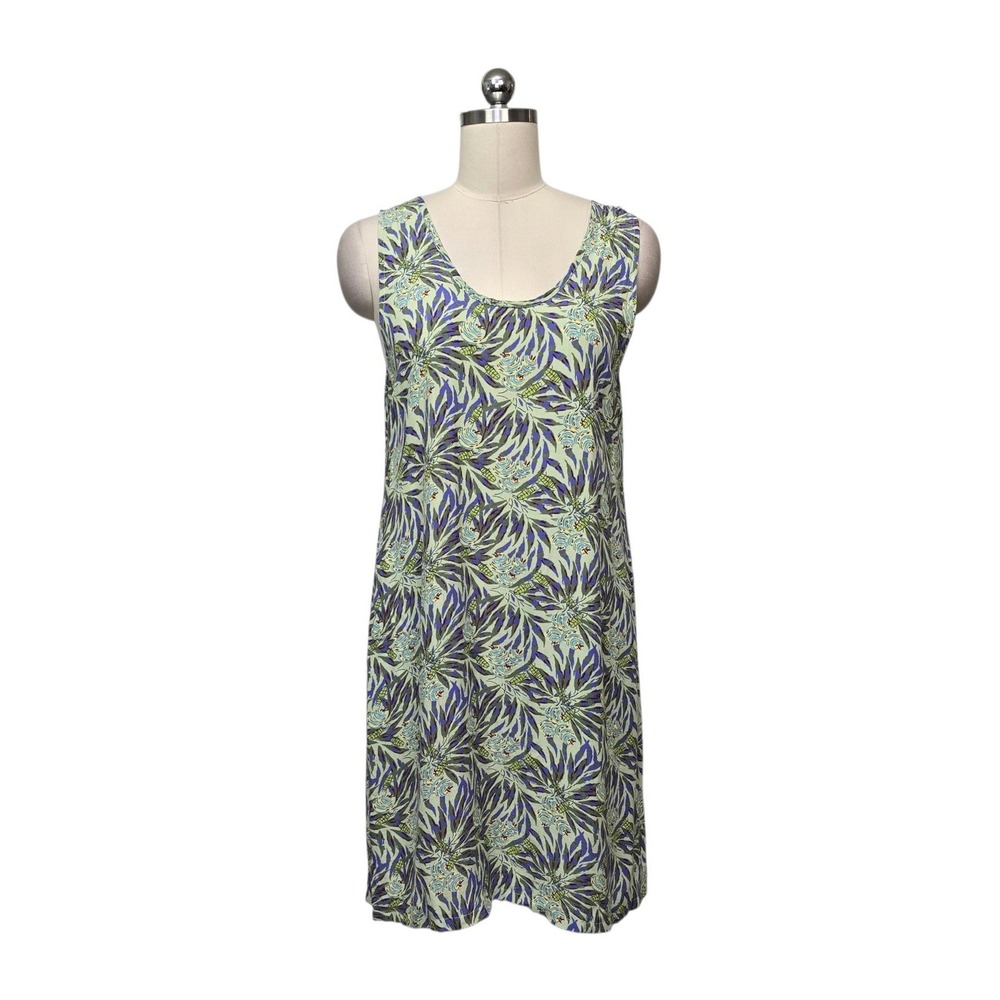 FLAX by Jeanne Engelhart Green Purple Botanical Rayon Shift Tank Dress Small